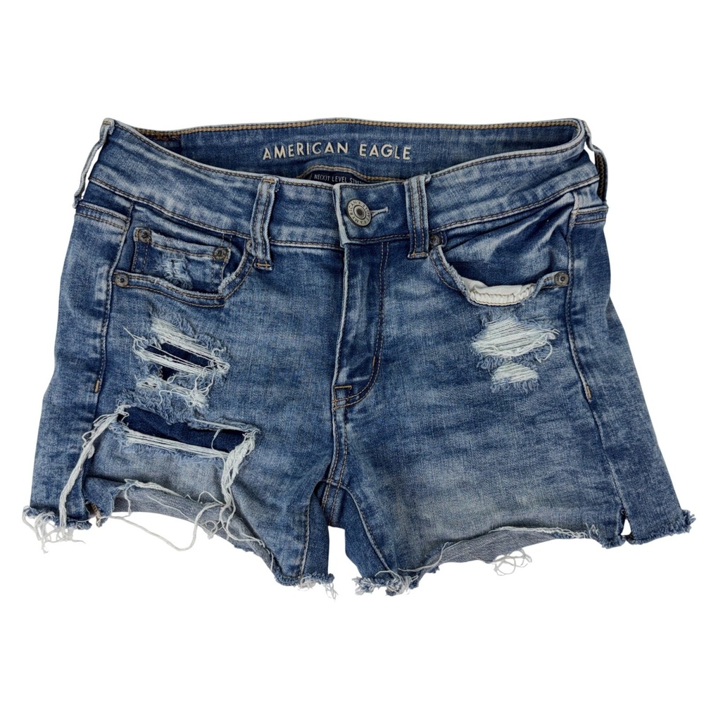 American Eagle Midi Distressed Denim Shorts Medium Wash Raw Hem Ne(x)t Level 4